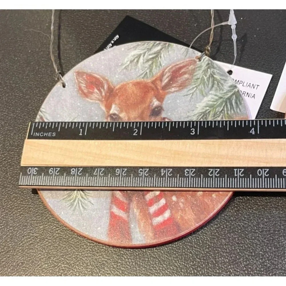 Deer Fawn Round Wood Christmas Holiday Ornaments 4 x 4 Set Of 2 NEW Rustic Farm - Picture 2 of 4
